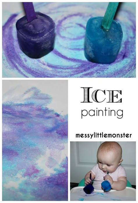 Ice painting thats taste safe for babies toddlers and preschoolers. A perfect process art technique for a winter topic. Ice Painting, Infant Art, Infant Classroom, Infant Room, Winter Preschool, Daycare Crafts, Baby Activities, Toddler Art, Toddler Fun