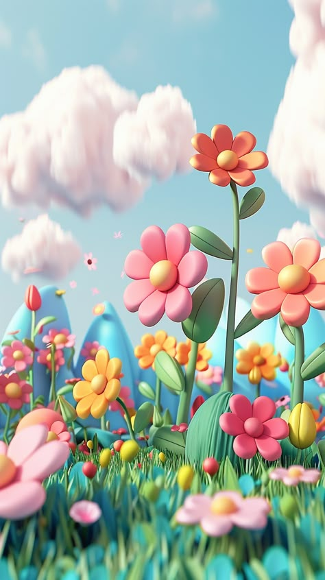 3d Cartoon Background, Spring Animated Wallpaper, Animated Garden Background, Flower Field Digital Art, Cartoon Field Background, 3d Cartoon Background Forest, Pastel Color Wallpaper, Spring Illustration, Jelly Wallpaper