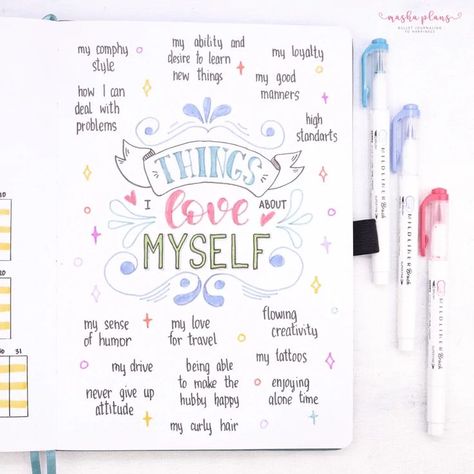 Self-care is so important! Your Bullet Journal definitely can help you to make sure you always find time for yourself. Check out these Bullet Journal page ideas. bullet journal ideas | bujo spreads | journal ideas | life journal ideas | journal inspiration | journal inspo | how to keep a journal | journaling layout | journal inspiration | creative journaling ideas | journal stuff Things I Love About Myself, Bullet Bullet, Bullet Journal Mental Health, Bullet Journal Work, Bullet Journal Page Ideas, How To Bullet Journal, Inspirational Journal, Journal Mental Health, Bullet Journal Page