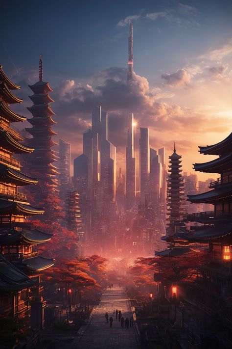 A stunning digital artwork of a traditional shrine in the futuristic Tokyo of 2024. The shrine is surrounded by skyscrapers and neon lights, creating a contrast between the old and the new. The setting sun casts a warm glow over the scene, adding a touch of emotion and nostalgia. #cyberpunk #tokyo #shrine #sunset #digitalart #futuristic #neon #contrast #emotion #nostalgia Japanese Futuristic Art, Futuristic Japanese City, Tokyo Shrine, Cyberpunk Tokyo, Traveller Rpg, The Setting Sun, Heaven And Earth, Futuristic Art, Setting Sun