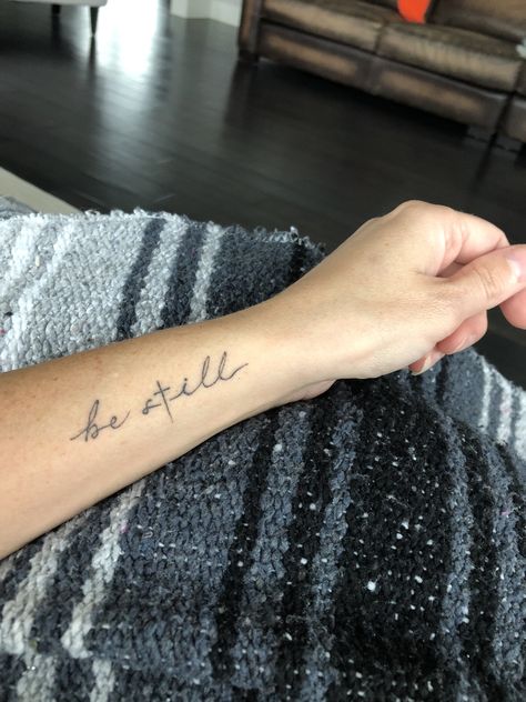 Tattoo, be still and know, “Be still in the presence of the Lord, and wait patiently for Him to act. Don’t worry about evil people who prosper or fret about their wicked schemes.” ‭‭Psalms‬ ‭37:7‬ ‭NLT‬‬ Be Still And Know Tattoo With Cross, Lord I Need You Tattoo, Be Still Hand Tattoo, Worry Tattoo Ideas, Matthew 14:22-33 Tattoo, Scripture Tattoo Ideas For Women, He Is Enough Tattoo, By The Grace Of God Tattoo, Exodus 14:14 Tattoo