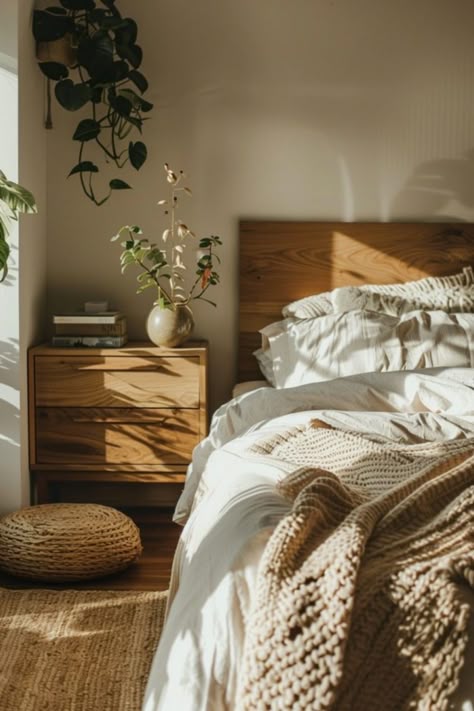 Sunlit cozy bedroom corner with an unmade bed, wooden nightstand with books, a potted plant, and a woven floor cushion. Clean Modern Boho Bedroom, Bohemian Minimalist Bedroom, Minimal Boho Bedroom, Minimalist Boho Bedrooms, Earthy Modern Bedroom, Boho Minimalist Bedroom, Earthy Bedroom, Boho Ideas, Bedroom Decoration Ideas