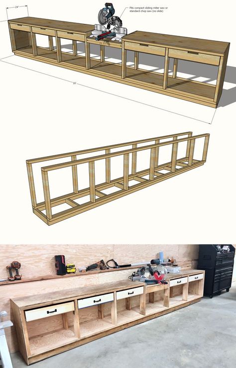 Arbejdsplads Garage, Wall Workbench, Workbench With Drawers, Building A Workbench, Pony Wall, Workbench Plans Diy, Woodworking Shop Plans, Kabinet Dapur, Woodworking Shop Layout