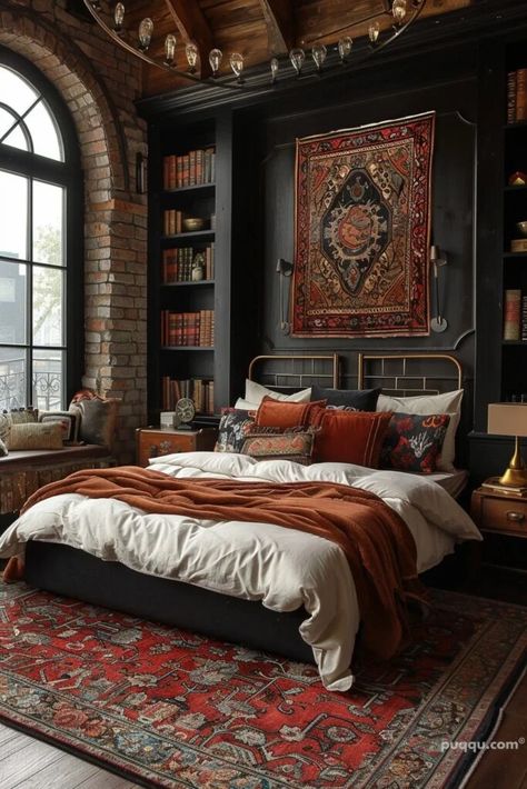 Modern Rustic Decor Bedroom, Cozy Masculine Bedroom, Masculine Boho Bedroom, Dark House Aesthetic, Masculine Boho, Dark Academia Boho, Academia Bedroom Ideas, Dark Academia Bedroom Ideas, Dark Academia Interior