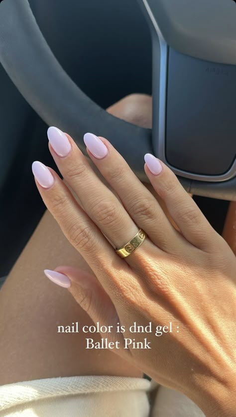 Pretty Nail Ideas Almond, Dnd Acrylic Nails, Summer Nail Colors 2024 Dnd, Dnd Winter Colors, Dnd Gel Pink Colors, May Nails Short, Almond Vs Round Nails, White Pink Nail Color, Rush Nails Sorority