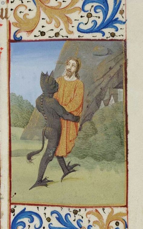 Free hugs. . Temptation of Christ. The Fouquet missal Missal, ca. 1470-75, Beinecke MS 425, f. 48r, Yale University Beinecke Rare Book & Manuscript Library. http://brbl-zoom.library.yale.edu/viewer/1055558 Medieval Drawings, Medieval Artwork, Medieval Paintings, Book Of Hours, Medieval Manuscript, Dark Ages, Illuminated Manuscript, Medieval Art, Religious Art