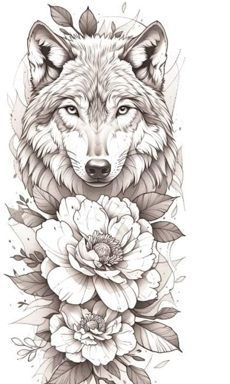 Wolf And Flowers Tattoo, Insects Reference, Wolf Tattoos For Women, Tattoo Coverup, Flower Tattoo Drawings, Flower Tattoo Ideas, Cute Tats, Wolf Tattoo Design, Leg Tattoos Women