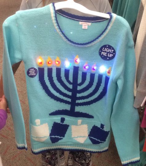 Hanukkah sweater from Target. Hanukkah Outfits, Ugly Hanukkah Sweater, Jewish Stuff, Hanukkah Sweater, New Year Day, Hanukkah Crafts, Ugly Holiday Sweater, Last Five Years, Knitting Group