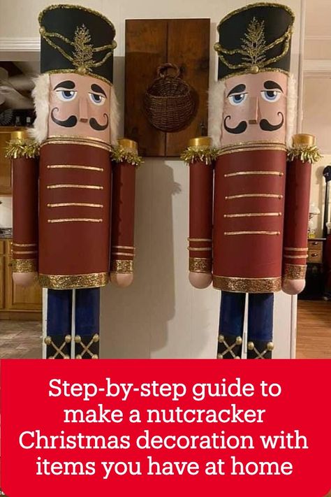 How To Make A Large Nutcracker Soldier, How To Build A Nutcracker, How To Make Nutcrackers, Christmas Crafts Nutcracker, 6ft Nutcracker Diy, Diy Nutcracker Soldier Cardboard, Diy 5 Gallon Bucket Nutcracker, How To Make Nutcracker Soldier, 6 Ft Nutcracker Diy