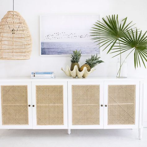 Private Living Room, Modern Coastal Farmhouse, Hamptons Coastal, Rattan Cane, Decor Books, Furniture Flipping, Coastal Elegance, Old Cabinets, White Sideboard