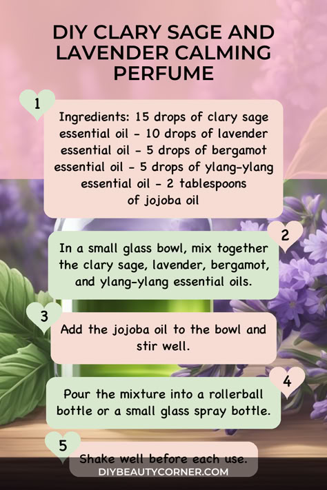 DIY Clary Sage and Lavender Calming Perfume Lilac Essential Oil Blend, Diy Essential Oil Perfume Recipes, Natural Perfume Recipes, Lilac Essential Oil, Perfume With Essential Oils, Patchouli Essential Oil Blends, Perfume Oil Recipes, Solid Perfume Recipes, Diy Perfume Recipes