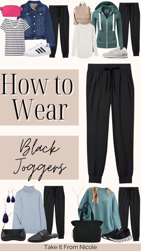 Joggers Style Women, Joggers With Vest Outfit, Black Joggers Outfit Casual Spring, Black Athletic Joggers Outfit, Black Shinny Leggins Outfit, How To Wear Black Joggers Casual, What To Wear With Black Joggers Casual, Joggers Professional Outfit, Black Linen Joggers Outfit