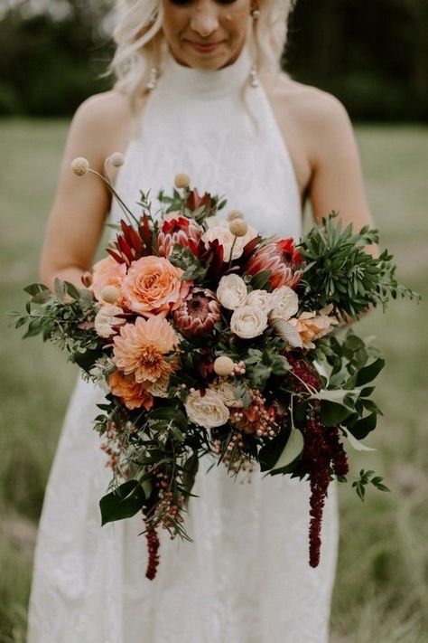 Dalia Wedding Bouquet, Orange Wedding Bouquet, Bohemian Wedding Bouquet, Rustic Spring Wedding, Gorgeous Wedding Bouquet, Spring Wedding Bouquets, Orange Wedding Flowers, Flowers And Greenery, Autumn Bride