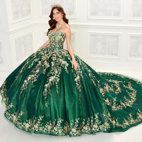 PR12265. Description: Long Cathedral Train, Bolero Jacket Included . Details: Fabric: 3D Flowers, Beading, Embroidered Lace, Glitter Organza, Stone Accents;Length: Long;Neckline: Strapless, Sweetheart;Silhouette: Ball Gown;Sleeve Type: Sleeveless;Waistline: Natural Quinceanera Green, Cinderella Inspired Dress, Ethereal Fashion, Vestido Charro, Quince Stuff, Ball Gown Quinceanera Dresses, Organize Clothes, Poofy Skirt, Long Ball Gown