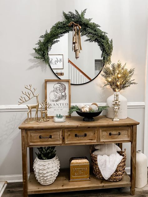 Neutral Christmas Decor Entryway, Mud Room Christmas Decor, Simple Entryway Christmas Decor, Neutral Christmas Decor Ideas Diy, How To Style Lanterns In Living Room, Small Console Table Christmas Decorating Ideas, Front Table Christmas Decor, Holiday Sideboard Decor, Christmas Decor Family Room