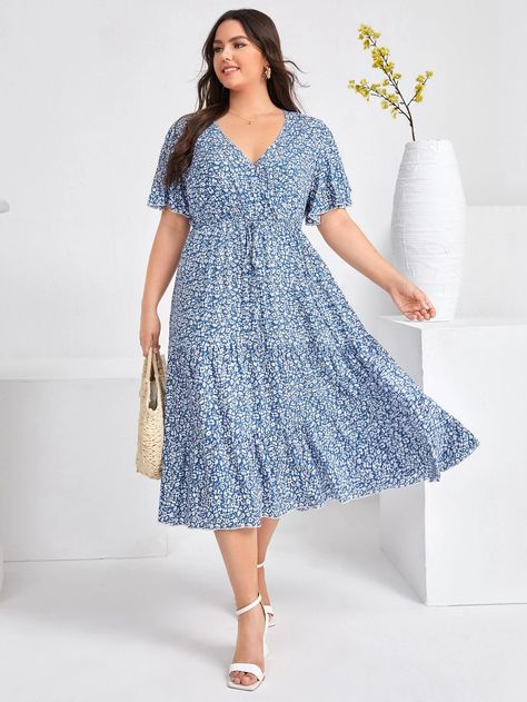 Floral Print One Piece Frock, Casual Knee-length Floral Dress With Ditsy Print, Blue Ditsy Floral Print Dress For Daywear, Long Summer Dress Outfits, Knee-length Ditsy Floral Print Dress For Daywear, Frock Designs For Women, Chic Mid-length Ditsy Floral Print Dress, Frock Models, Floral Dress Design