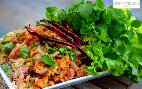 Laotian Crispy Rice Salad (Nam Khao) – Love. Food. Asia. Nam Khao Recipe, Lao Dishes, Nam Khao, Lao Culture, Laotian Food, Fried Rice Balls, Coconut Fried Rice, Crispy Rice Salad, Lao Food