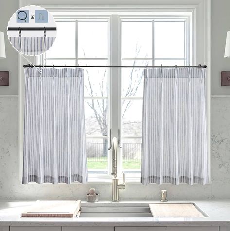 Amazon.com: LIMON HOME Small Window Curtains for Kitchen,Cafe Curtains 24 Inch Length,Boho Striped Kitchen Pinch Pleat Curtain with Hooks Rings for Half Windows Semi Sheer Light Filtering Curtains Tan on Nature : Home & Kitchen Curtains For Bathroom Window, Blue Cafe Curtains, Chic Window Treatments, Cottage Centerpiece, Dorm Curtains, Blue Striped Curtains, Curtains For Kitchen, Curtains For Bathroom, Half Curtains