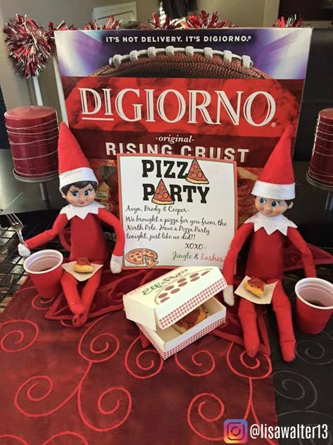 Elf On The Shelf Slumber Party, Elf On The Shelf Pizza Ideas, Elf On The Shelf Breakfast Ideas, Elf On The Shelf Pizza, Christmas Sock Party, Elf Pizza, Elf Breakfast, Elf On The Shelf Kit, Sock Party