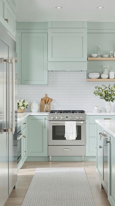 Coastal Kitchen Designs Sherwin Williams Topsail Kitchen, Coastal Green Kitchen Cabinets, Beach House Kitchen Cabinet Colors, Seafoam Kitchen Cabinets, Light Green And White Kitchen, Coastal Kitchen Cabinet Colors, Sea Salt Kitchen Walls, Coastal Kitchen Colors, Sea Green Kitchen