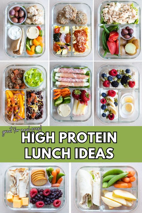 Need high protein meal prep ideas that are healthy and nourishing? These 8 meal prep lunches are exactly what you need! Well balanced meals, lower in calories than takeout, and fueled with protein, fruits and veggies, and plenty of flavor! They are all easy to prep and are a good mix of hot meals that reheat well, or cold packed lunches you can eat on the go. Easy, convenient, affordable and healthy, these high protein meal ideas will be added to your regular rotations! Healthy Lunch Ideas Meal Prep Cold, Healthy Lunches To Take To Work High Protein, High Protein Meal Prep Lunch Cold, Meal Prep Lunch Protein, Portions For Meal Prep, Meal Prep For Lazy People, High Protein Lunches On The Go, Protein Box Ideas Work Lunches, Healthy High Protein Lunches For Work