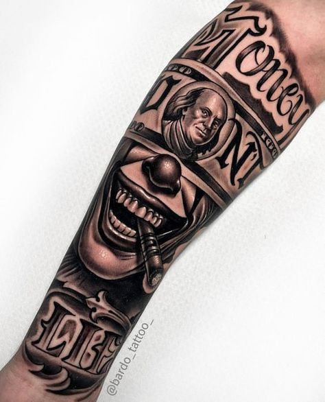 Money Tatoos Ideas, Tattoo Pierna, Tattoo Perna, Chicanas Tattoo, Full Hand Tattoo, Dagobert Duck, Half Sleeve Tattoos Forearm, Hard Tattoos, Clown Tattoo