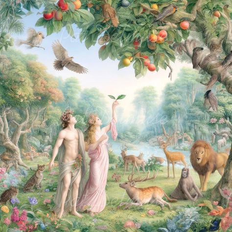 Adam and Eve in the earthly paradise. #comicart #comicpictures #photoartist #lightroom #photoart #digitalphotopainting #comicpictures #funnypictures Adam And Eve In The Garden Of Eden, Adam And Eve Aesthetic, Greek Goddess Painting, Adam Eve Art, Eve And The Apple, Eve Garden Of Eden, Eve Artwork, Adam And Eve Art, Eve Painting