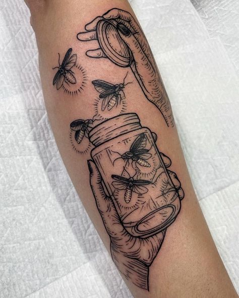 Tattoo Firefly, Mason Jar Tattoo, Flower Ankle Tattoo, Catching Lightning, Blackberry Tattoo, Jar Tattoo, Mermaid Sleeve Tattoos, Firefly Tattoo, Cool Nature Tattoos