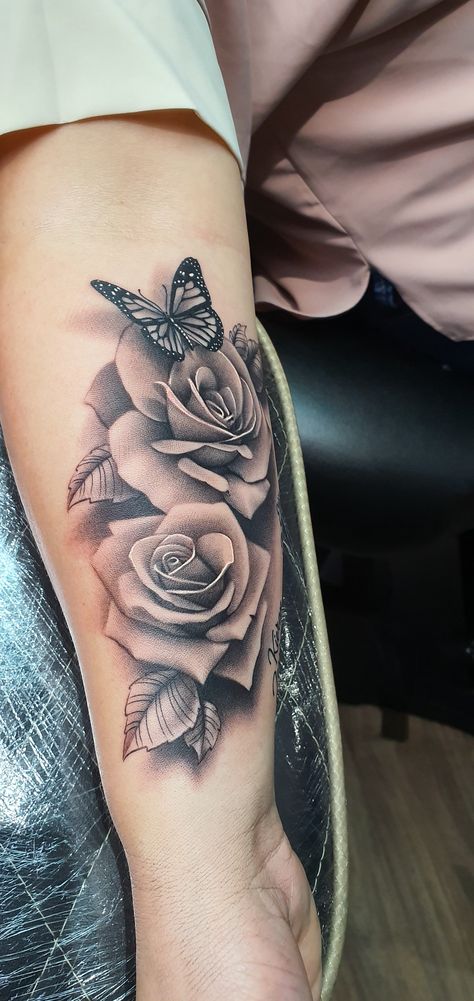 Roses and butterfly Roses Wrist Tattoos For Women, Rose Vine With Butterflies Tattoo, Two Roses And Butterfly Tattoo, Roses And Butterfly Tattoo On Shoulder, Ink Ideas Tattoo, Butterfly Rose Tattoo Sleeve, Roses And Lilies Tattoo, Back Rose Tattoo Women, Rose And Butterfly Tattoo Thigh Piece