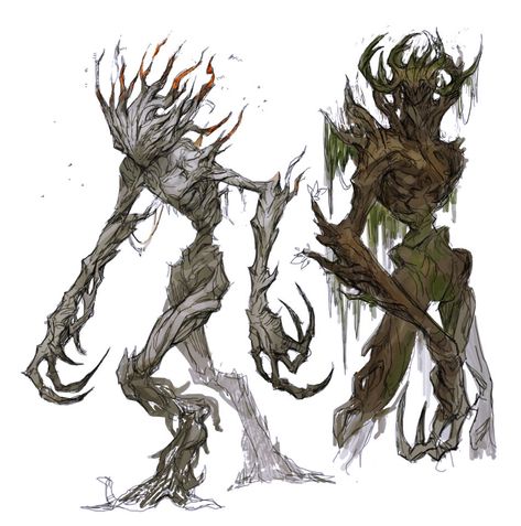 Humanoid Plant Concept Art, Ent Character Design, Plant Creatures Character Design, Tree Creature Concept Art, Humanoid Plant Monster, Tree Humanoid, Tree Monster Concept Art, Dnd Wendigo, Plant Creature Concept Art