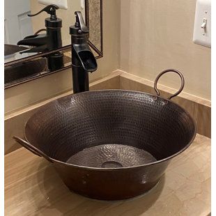 Rustic Sink Bathroom, Rustic Bathroom Sink Ideas, Rustic Half Bath, Rustic Bathroom Sink, Copper Sink Care, Bathroom Sink Countertop, Copper Vessel Sinks, Bucket Sink, Rustic Sink