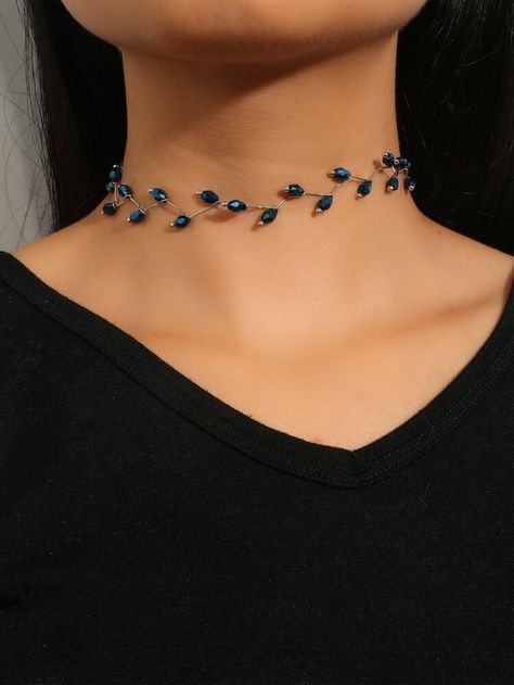 Free Returns ✓ Free Shipping On Orders $49+ ✓. Crystal Decor Choker- Necklaces at SHEIN. Navy Blue Jewelry, Waterfall Necklace, Festival Necklace, Blue Choker, Flower Charm Necklace, Stone Choker, Chocker Necklace, Blue Accessories, Mens Silver Necklace