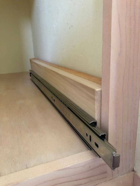 Diy Sliding Cabinet Shelves, Sliding Shelves Kitchen, Bathroom Cabinet Slide Out Shelves, Diagonal Pantry Cabinet, Pullout Pantry Shelves, Kitchen Cabinet Sliding Shelves, Diy Drawer Slides Pull Out Shelves, Pull Out Cabinet Drawers Diy, Slide Out Drawers For Cabinets