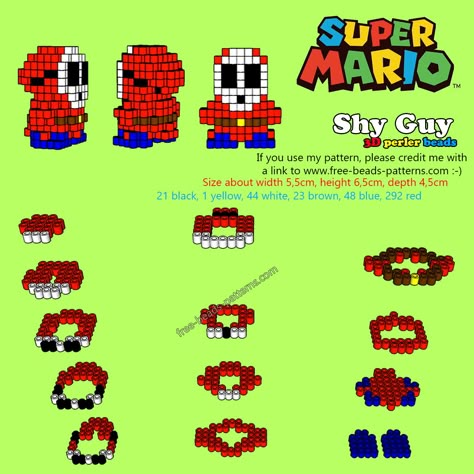 3D perler beads pattern Shy Guy from Super Mario 3d Perler Bead Patterns Mario, Mario Diy, Hama Beads Mario, 3d Perler Bead Patterns, Perler 3d, Perler Bead Mario, Perler Beads Pattern, Hama Beads 3d, 3d Pokemon