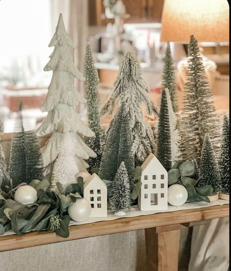 Rustic Scandi Christmas Tree, Christmas Decor Tabletop, Christmas Tree Farm Table Decor, Christmas Decor Astethic, Sage Green And White Christmas Decor, Christmas Tress Decor Ideas, Winter Forest Decor, Farmhouse Christmas Shelf Decor, Green And White Christmas Tree Decor