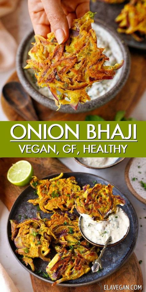 Enjoy crispy, light, flavorful homemade Indian onion bhaji with just one tablespoon of oil per 4 fritters! Combining thinly sliced onions with a spiced chickpea flour batter and pan-fried until crispy, these onion fritters are gluten-free, egg-free, vegan, and a healthy appetizer, snack, or side dish! #onionbhaji #bhaji #onionfritters #bhajirecipe #elavegan | elavegan.com Onion Bhaji Recipes, Onion Fritters, Resep Vegan, Onion Bhaji, Bhaji Recipe, Indian Appetizers, Indian Foods, Chickpea Flour, Food Recipes Vegetarian