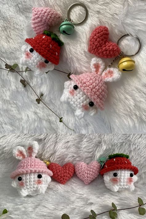 CROCHET KEYCHAIN : Baby Mushroom Crochet | Crochet Mushrooms Tomato Hat + Rabbit Hat + Mini Heart 🍄🍄 #crochetkeychain #crochettutorial #amigurumicrochet Materials: 1. Cotton Yarn 4ply size 2 mm. 2. Crochet Hook No.5 size 3 mm. 3. Eyes 4 mm. 2 Pcs. 4. Polyester fiber 5. Glue 6. Scissors 7. Needle Mushroom size: Height 7 cm. Width 6 cm. Heart size: Height 3.5 cm. Width 4.5 cm. Diy Crochet Flowers, Crochet Mushroom, Crochet Keychain Pattern, Pola Amigurumi, Crochet Rabbit, Crochet Wedding, Crochet Business, Crochet Daisy, Crochet Amigurumi Free Patterns