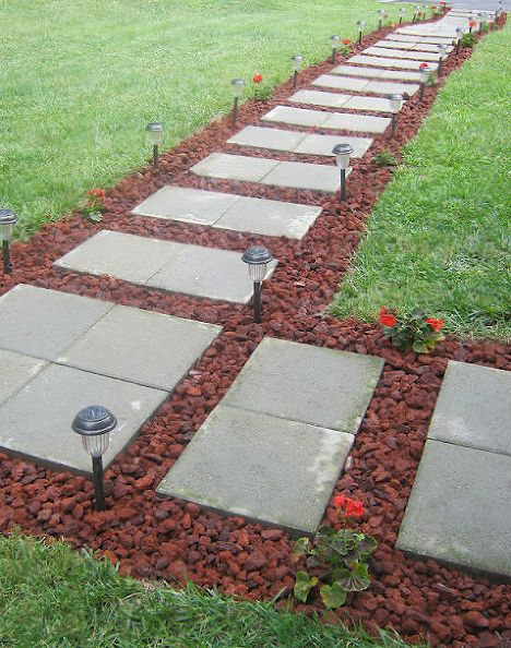 front walkway built out of inexpensive cement pavers red lava rocks and solar, concrete masonry, curb appeal, landscape, Front Walkway Reveal White Rocks Landscaping, Walkway Pavers Ideas, Front Yard Walkway, Walkway Landscaping, Walkway Design, Pathway Landscaping, Paver Walkway, Driveway Ideas, Front Walkway