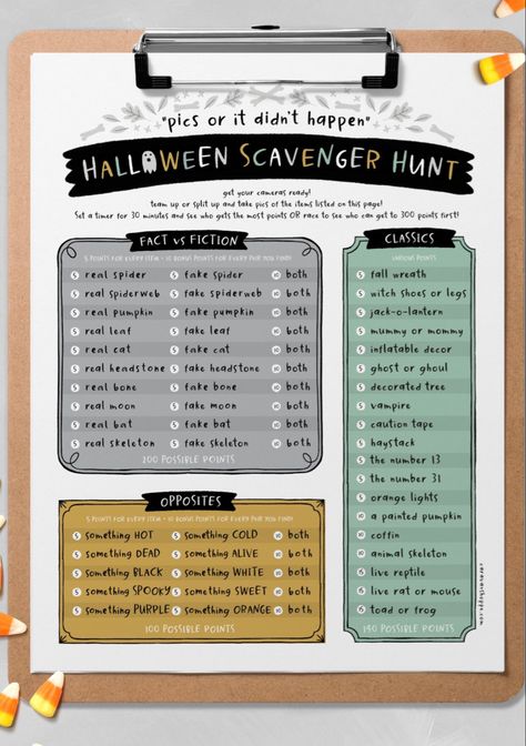 Halloween Photo Scavenger Hunt, Holiday Activity For Kids, Picture Scavenger Hunts, Kids Halloween Activity, Adult Halloween Party Decorations, Teen Halloween Party, Fall Scavenger Hunt, Fall Family Fun, Halloween Scavenger Hunt