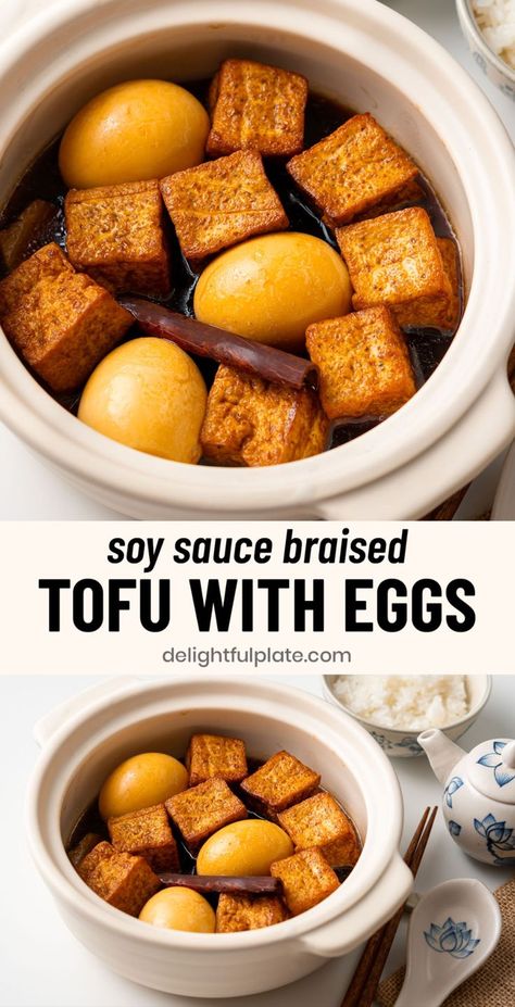 a pot of braised tofu and eggs with soy sauce Chinese Vegetarian Dishes, Vietnamese Tofu Recipes, Egg Tofu Recipes, Chinese Food Recipes Vegetarian, Soft Tofu Recipes, Chinese Tofu Recipes, Tofu And Eggs, Braised Tofu Recipe, Polynesian Dishes