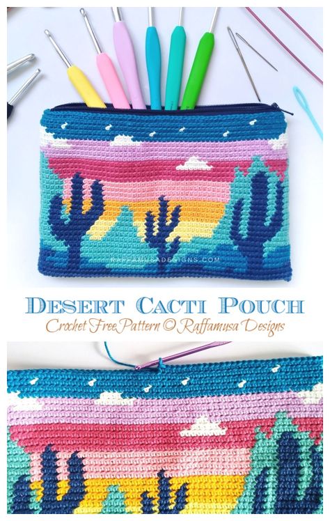 Tapestry Desert Cacti Pouch Crochet Free Pattern - Crochet & Knitting Crochet Pouches, Crafting Activities, Mochila Crochet, Bags Pattern, Crochet Pouch, Tapestry Crochet Patterns, Cozy Crochet, Simple Crochet, Crochet Tapestry