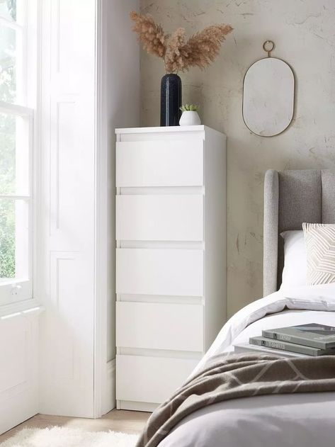 #modernbedroom Tall Narrow Dresser Small Spaces, Tall Drawers Bedroom, Extra Bedroom Storage Ideas, White Cabinets Bedroom, Chest Of Drawers Bedroom Ideas, Really Small Room Ideas, Storage For Small Bedrooms, Tall Chest Of Drawers Bedroom, White Tall Dresser