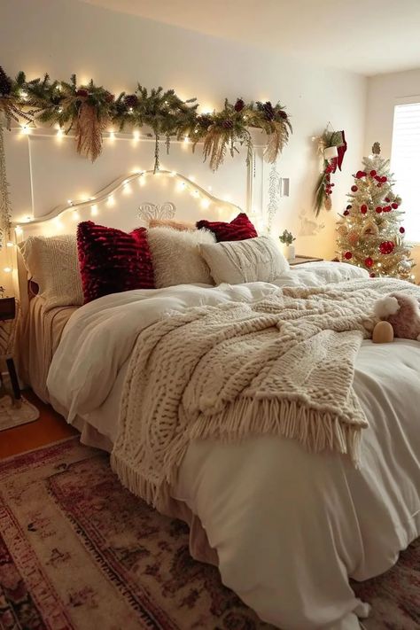 25 Magical Christmas Lights Bedroom Ideas for a Dreamy Glow - Roomy Retreat Christmas Lights Bedroom, Christmas Room Inspiration, Lights Bedroom Ideas, Winter Bedroom Decor, Holiday Bedroom Decor, Christmas Lights In Bedroom, Holiday Bedroom, Winter Bedroom, Night Reading