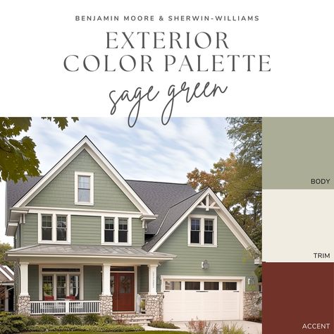 Elevate your home's exterior with our Sage Green Exterior Color Palette - an expertly curated collection of paint colors that can make your home the envy of the block! Delivered as a convenient digital download, this guide features handpicked Benjamin Moore and Sherwin-Williams paint colors, complete with names and codes, making it easy to achieve beautiful results, without the overwhelming trips to the paint store or endless online searches. Plus, you'll get insider tips for using the palette, Sage Green House Exterior, Sage Green House, Green Exterior House, Green Exterior Paints, Green Exterior House Colors, Green House Exterior, Green Siding, Outside House Colors, Bloxburg Exterior