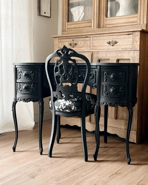 Lamp Black Vintage Desk | General Finishes Design Center Gothic Desk Chair, Gothic Office Desk, Vintage Black Desk, Black Vintage Desk, Black Vintage Furniture, Queen Anne Desk, Dark Green Paint Colors, Goth Desk, Whimsigoth Room