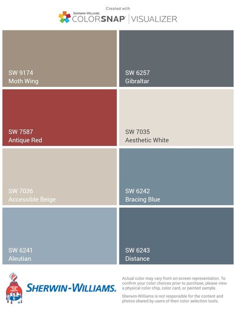 Color Palette Blues And Reds, Brick Red And Blue Color Palette, Red Blue Beige Color Palette, Red Blue Tan Color Palette, Accessible Beige Color Palette Home, Blue Red Cream Color Palette, New England Color Palette, Sherwin Williams Distance, Accessible Beige Color Palette