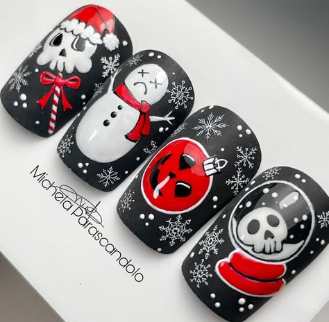 Holiday Horror Nails, Krumpas Christmas Nails, Christmas Skull Nails, Skull Christmas Nails, Christmas Gothic Nails, Goth Christmas Nails Designs, Black Candy Cane Nails, Spooky Winter Nails, Over The Top Christmas Nails