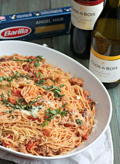 Angel Hair Pasta with Sausage, and Tomato Cream Sauce | casadecrews.com Angel Hair Pasta Recipes, Pasta With Sausage, Tomato Cream Sauce, Italian Sausage Recipes, Couscous Recipes, Angel Hair Pasta, Angel Hair, Sausage Pasta, Pasta Pasta