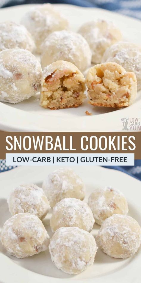 With only 1g net carbs in each cookie, these keto snowball cookies are the perfect addition to Christmas cookie platters. Snowball Cookie, Dolce Poche Calorie, Sugar Free Desserts Easy, Pecan Snowball Cookies, Snowball Cookie Recipe, Keto Christmas Cookies, Postre Keto, Cookie Platter, Keto Holiday