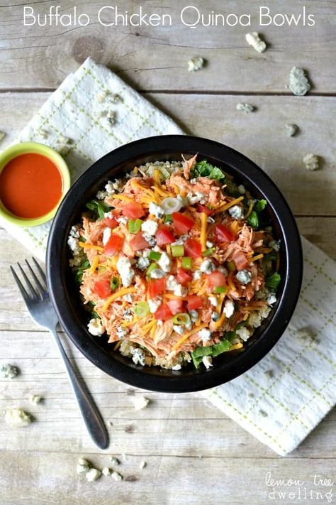 Buffalo Chicken Quinoa Bowls Flavored Quinoa, Buffalo Chicken Quinoa, Paleo Dressing, Lemon Tree Dwelling, Buffalo Chicken Meatballs, Quinoa Bowls, Chicken Quinoa, Quinoa Bowl, Lunch Bowl